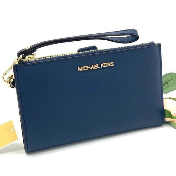 Michael Kors Large Double Zip Wallet Wristlet Navy Blue/Gold - Picture 1 of 7